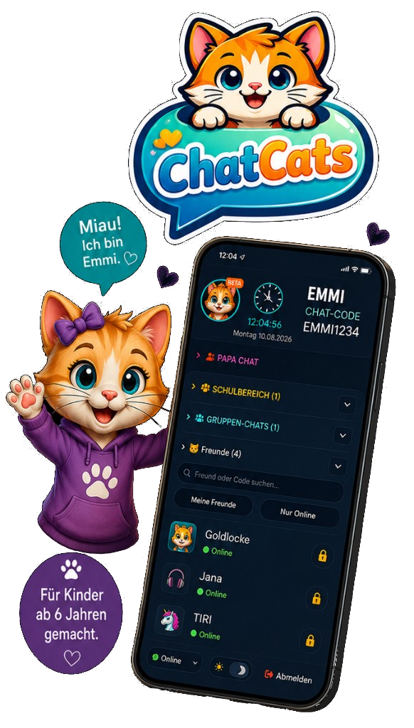 ChatCats App mit Emmi, dem Maskottchen, und der Freundesliste im Smartphone